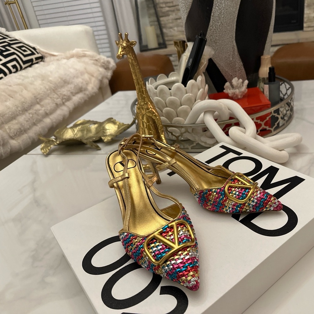 Valentino Garavani Gold Multicolor Woven Slingback Heels, Size 41